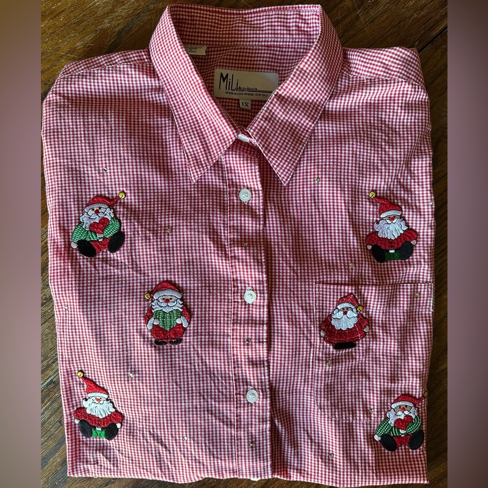 Mili Designs Red Christmas Gingham Santa Embellished Button Up Shirt Sz 1X - Picture 7 of 11